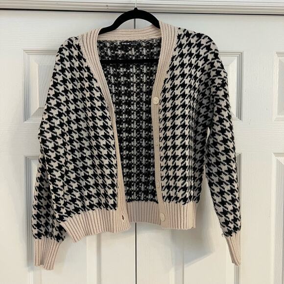 SHEIN Houndstooth V Neck Button Down Cardigan Black/Cream - Picture 3 of 9